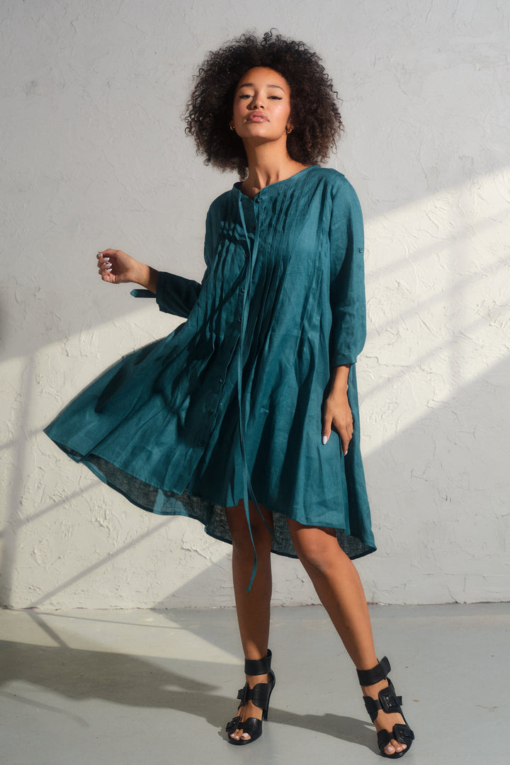 Asymmetrical nervure linen boho dress in Petroleum blue