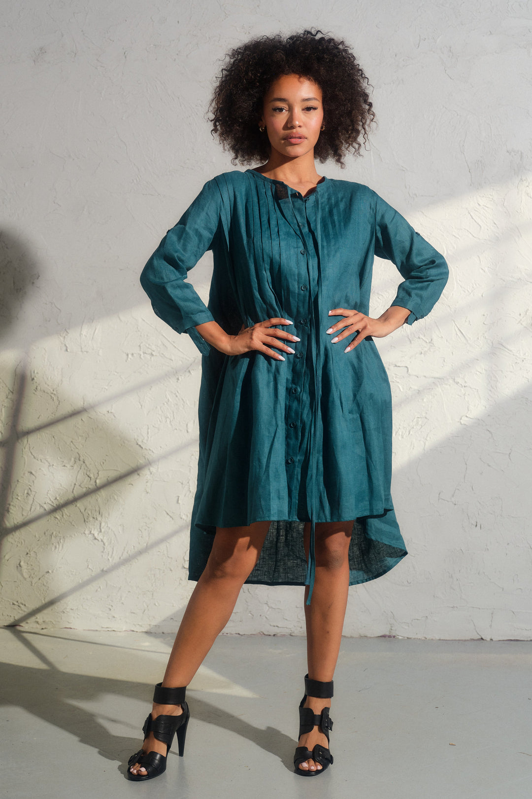 Asymmetrical nervure linen boho dress in Petroleum blue