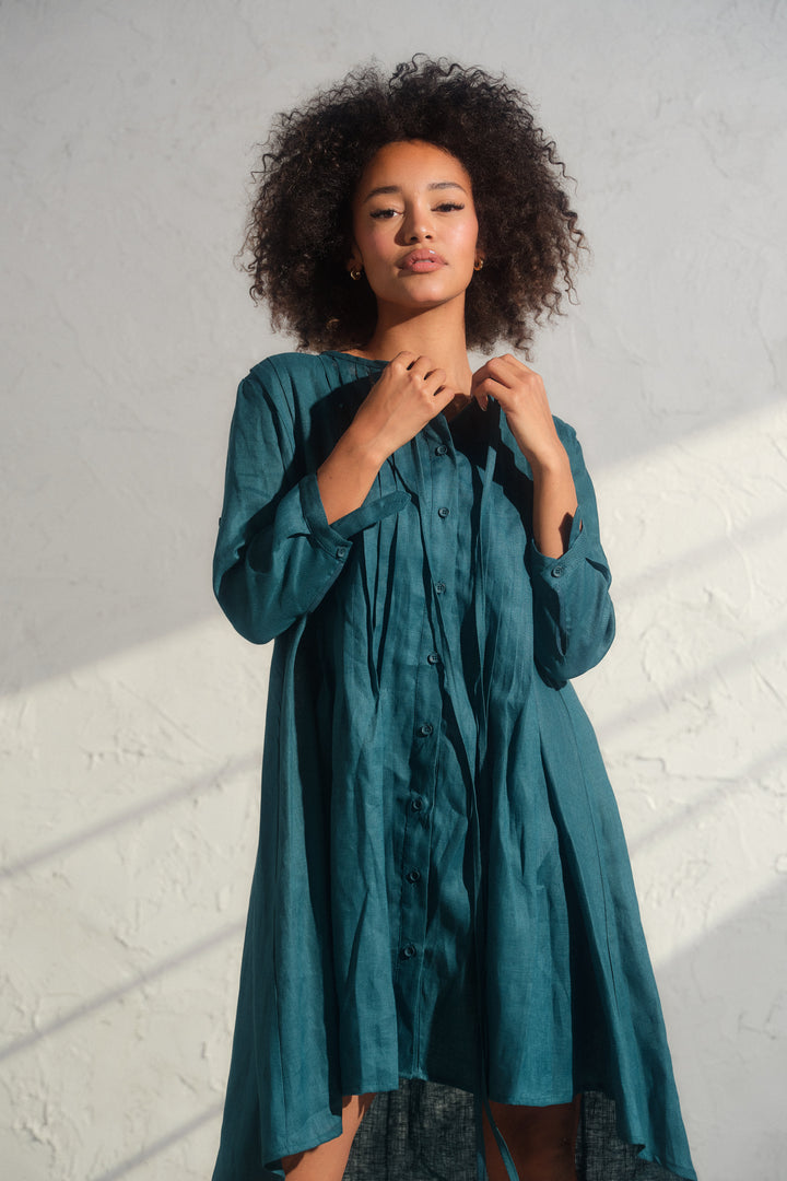 Asymmetrical nervure linen boho dress in Petroleum blue