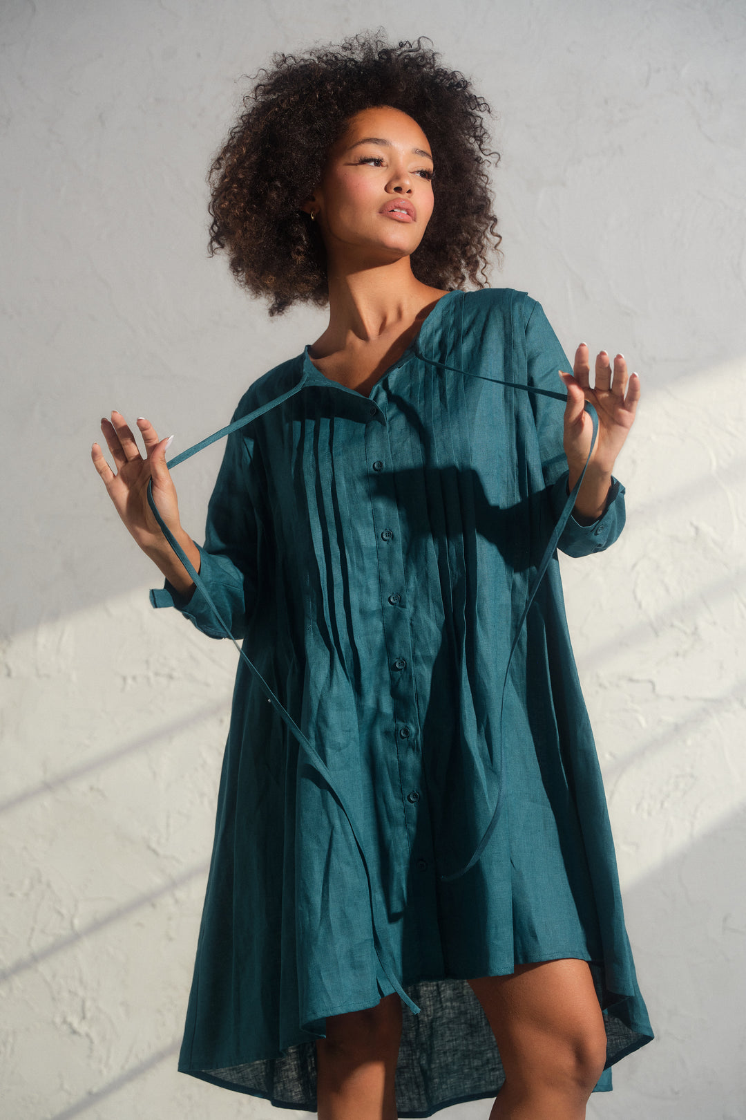 boho dress near me Asymmetrical nervure linen boho dress in Petroleum Blue M / Blue Green