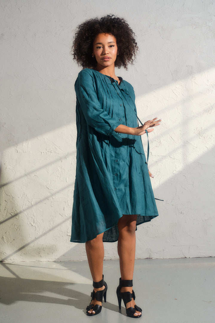 Asymmetrical nervure linen boho dress in Petroleum blue