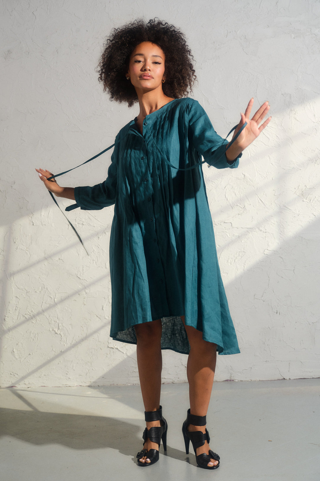 Asymmetrical nervure linen boho dress in Petroleum blue