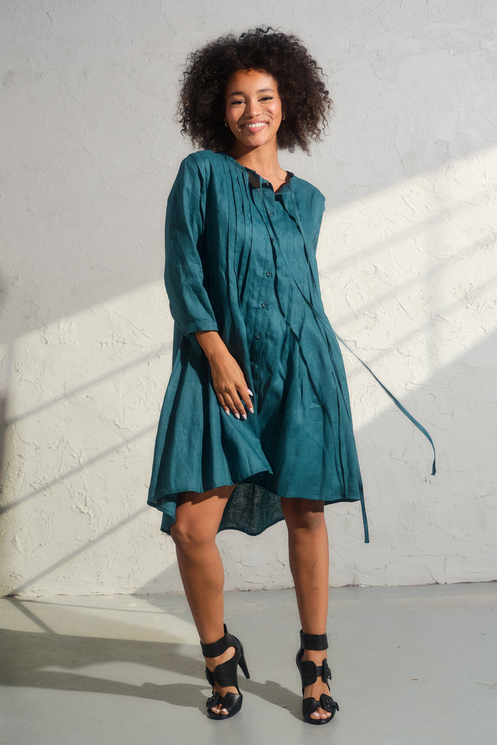 Asymmetrical nervure linen boho dress in Petroleum blue