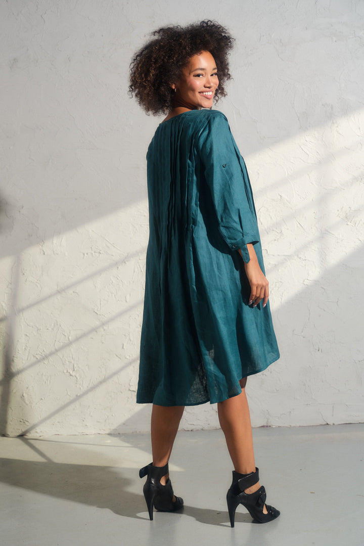 Asymmetrical nervure linen boho dress in Petroleum blue