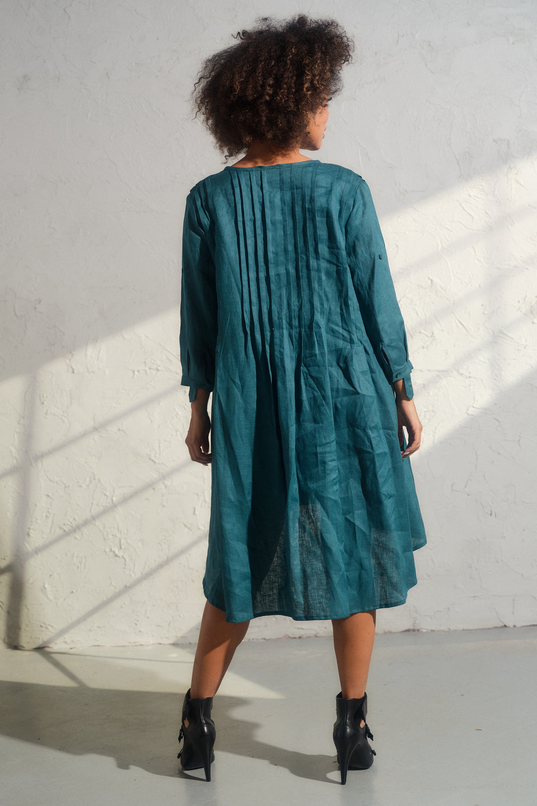 Asymmetrical nervure linen boho dress in Petroleum blue