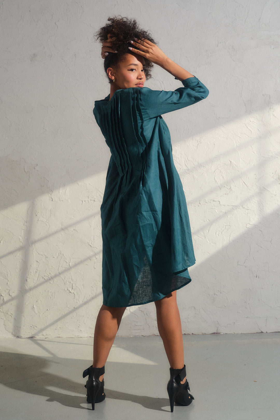 Asymmetrical nervure linen boho dress in Petroleum blue