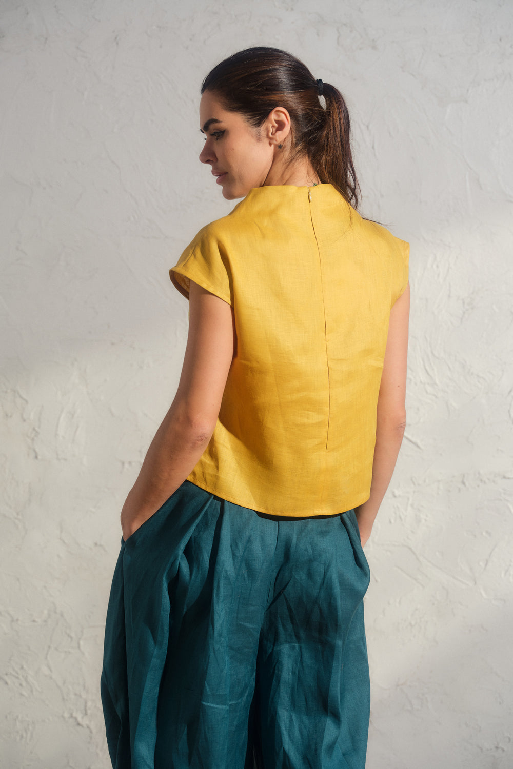 Minimalistic linen blouse in mustard