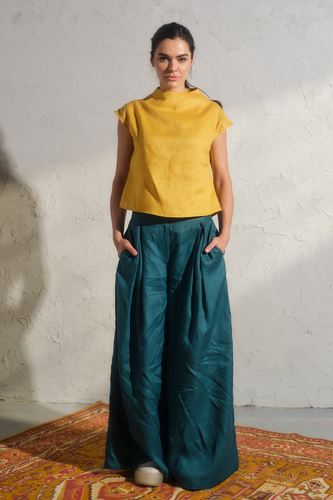 Minimalistic linen blouse in mustard