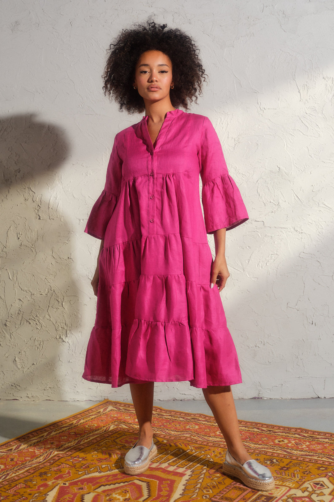 Summer bell sleeve linen dress in cyclamen color