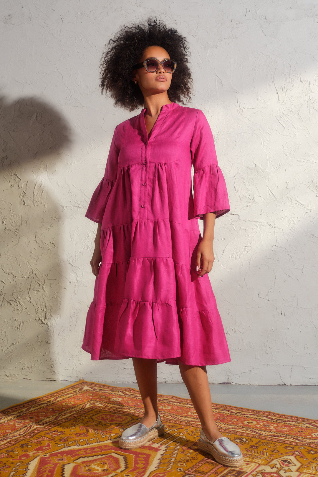 Summer bell sleeve linen dress in cyclamen color