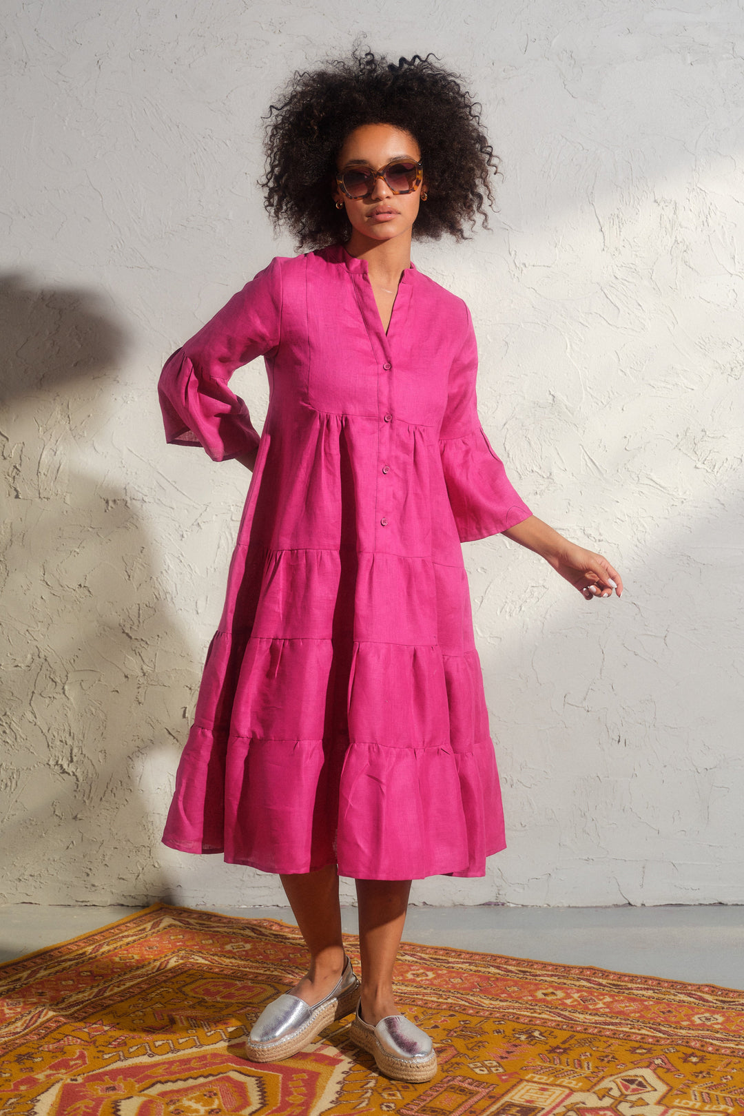 Summer bell sleeve linen dress in cyclamen color