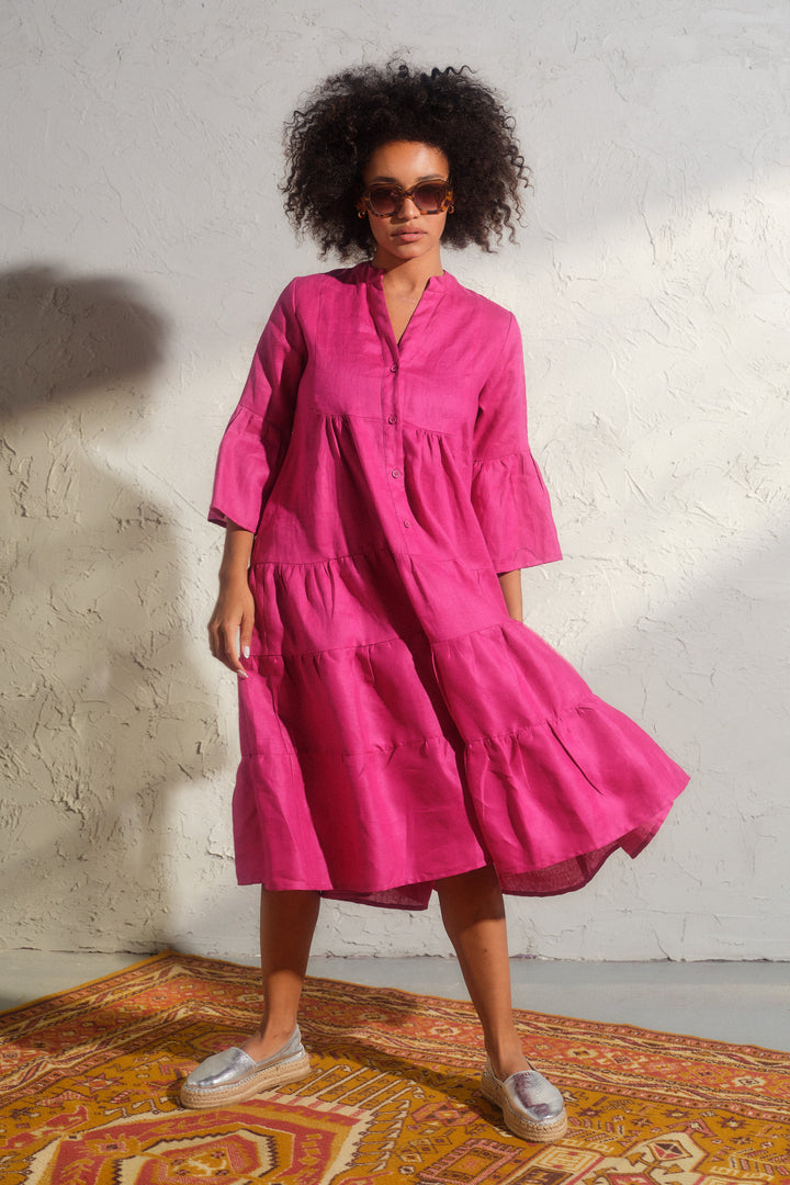 Summer bell sleeve linen dress in cyclamen color