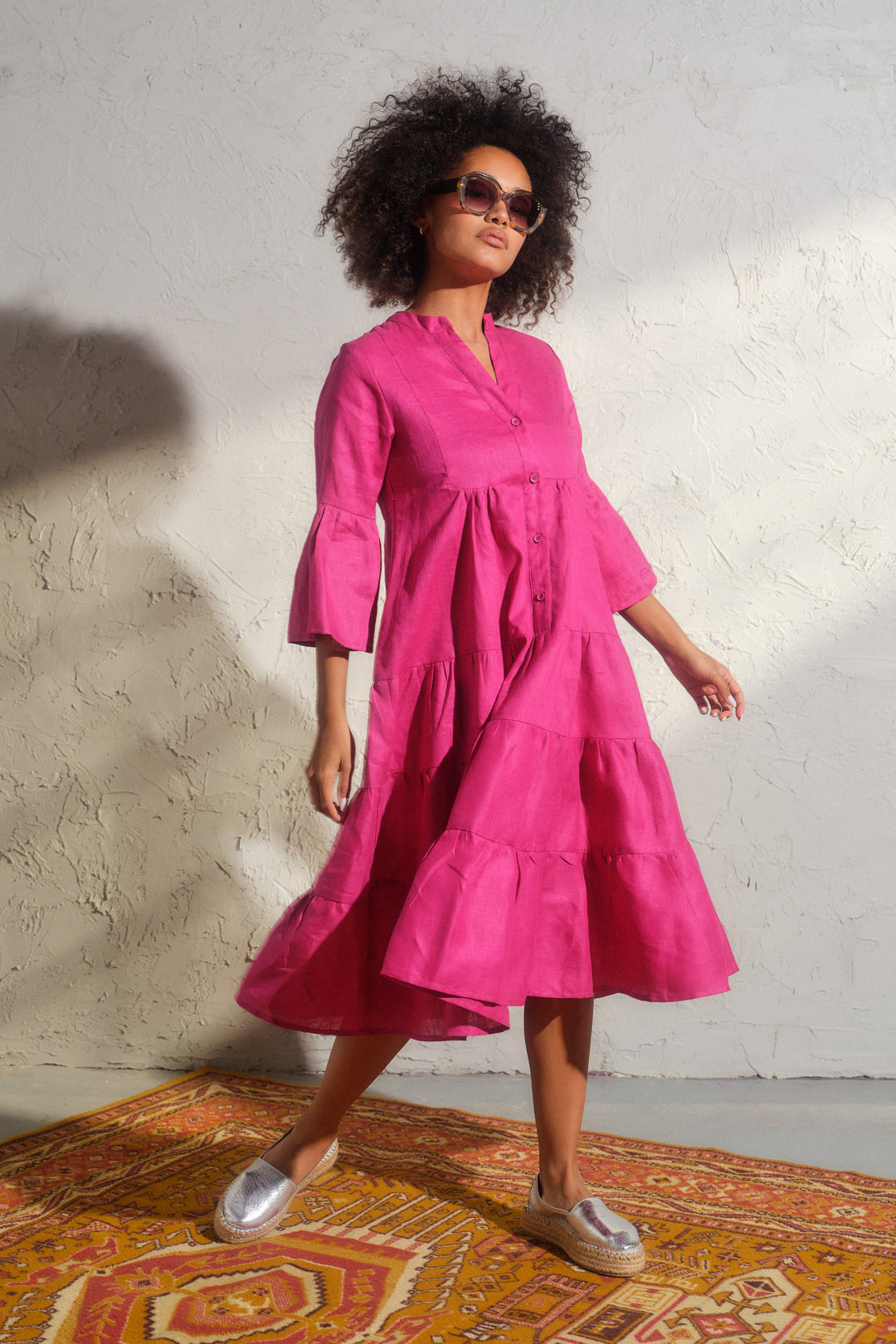 Summer bell sleeve linen dress in cyclamen color