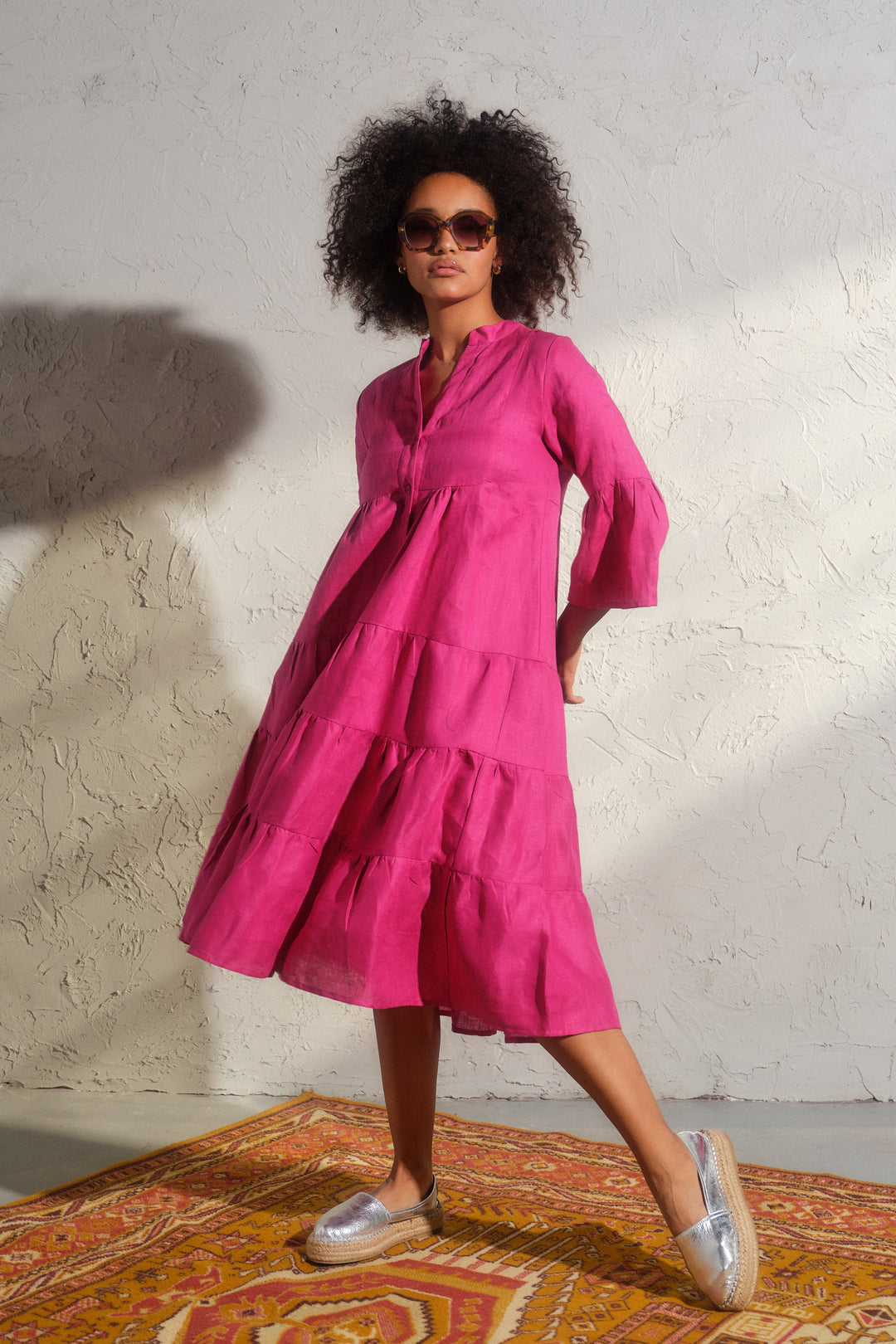 Summer bell sleeve linen dress in cyclamen color