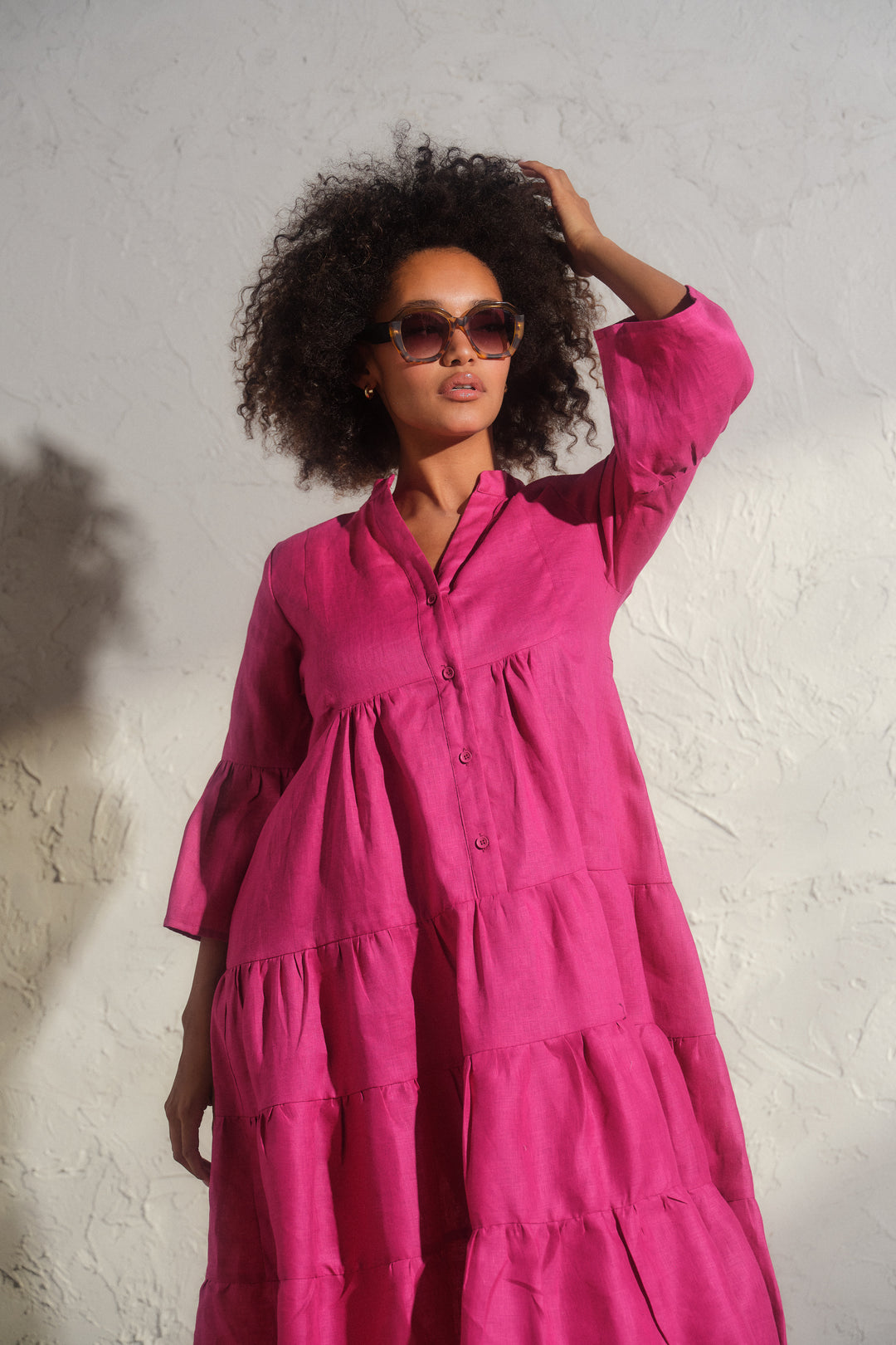 Summer bell sleeve linen dress in cyclamen color L / White Summer bell sleeve linen dress in cyclamen color L / White