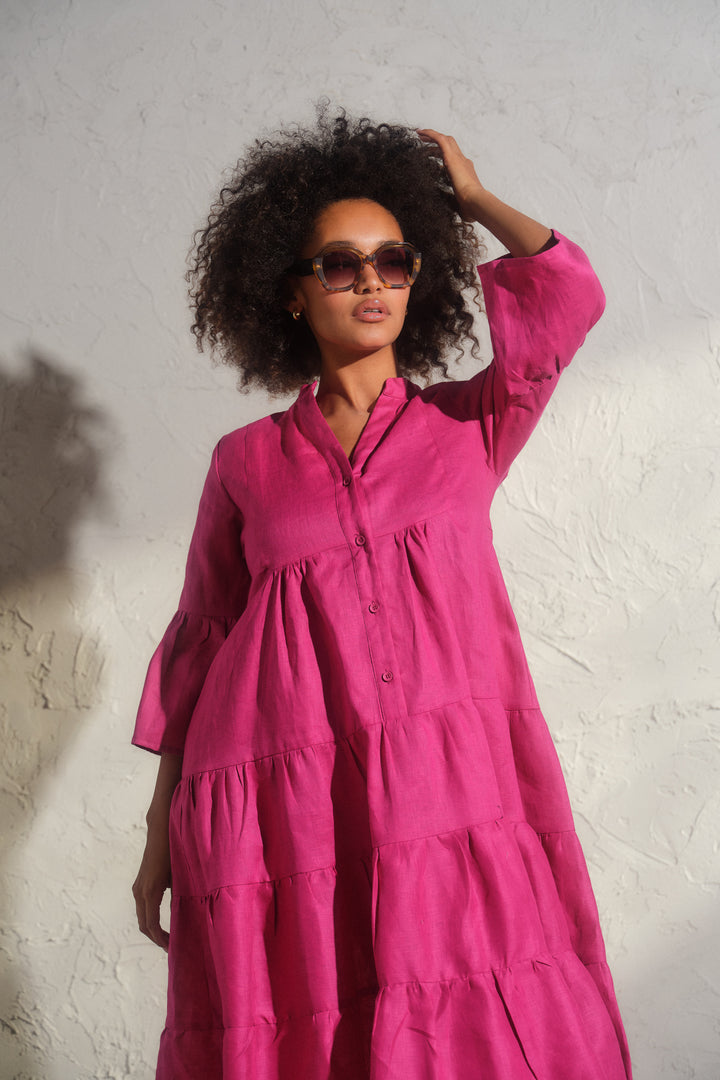 Summer bell sleeve linen dress in cyclamen color