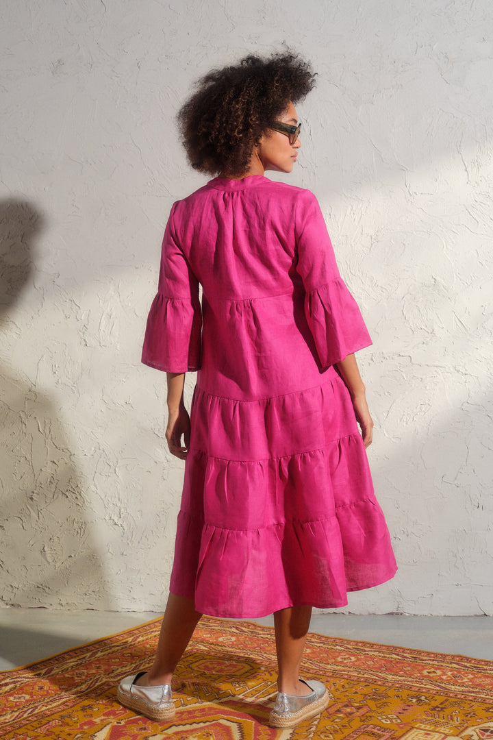 Summer bell sleeve linen dress in cyclamen color