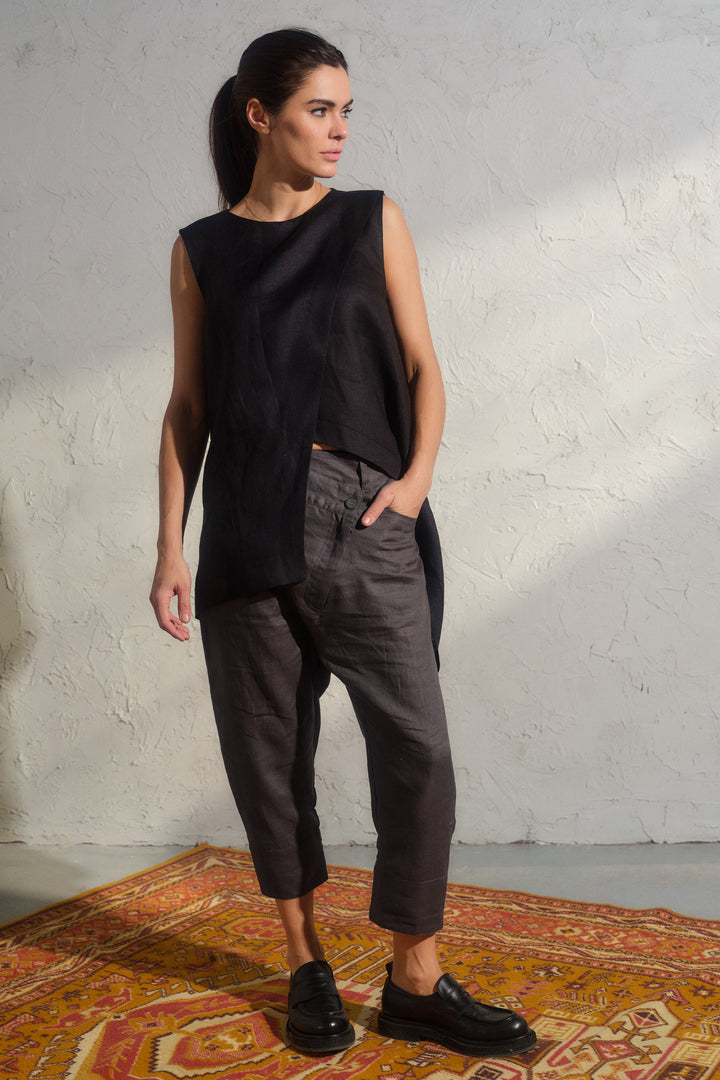 Summer linen baggy pants in Dark grey