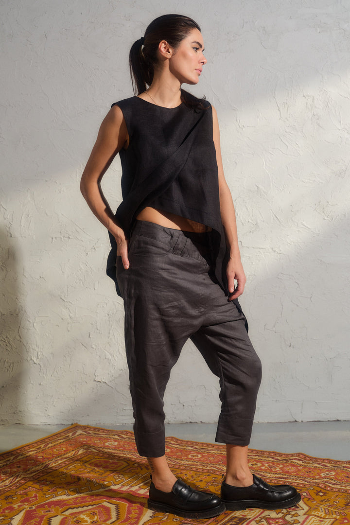 Summer linen baggy pants in Dark grey