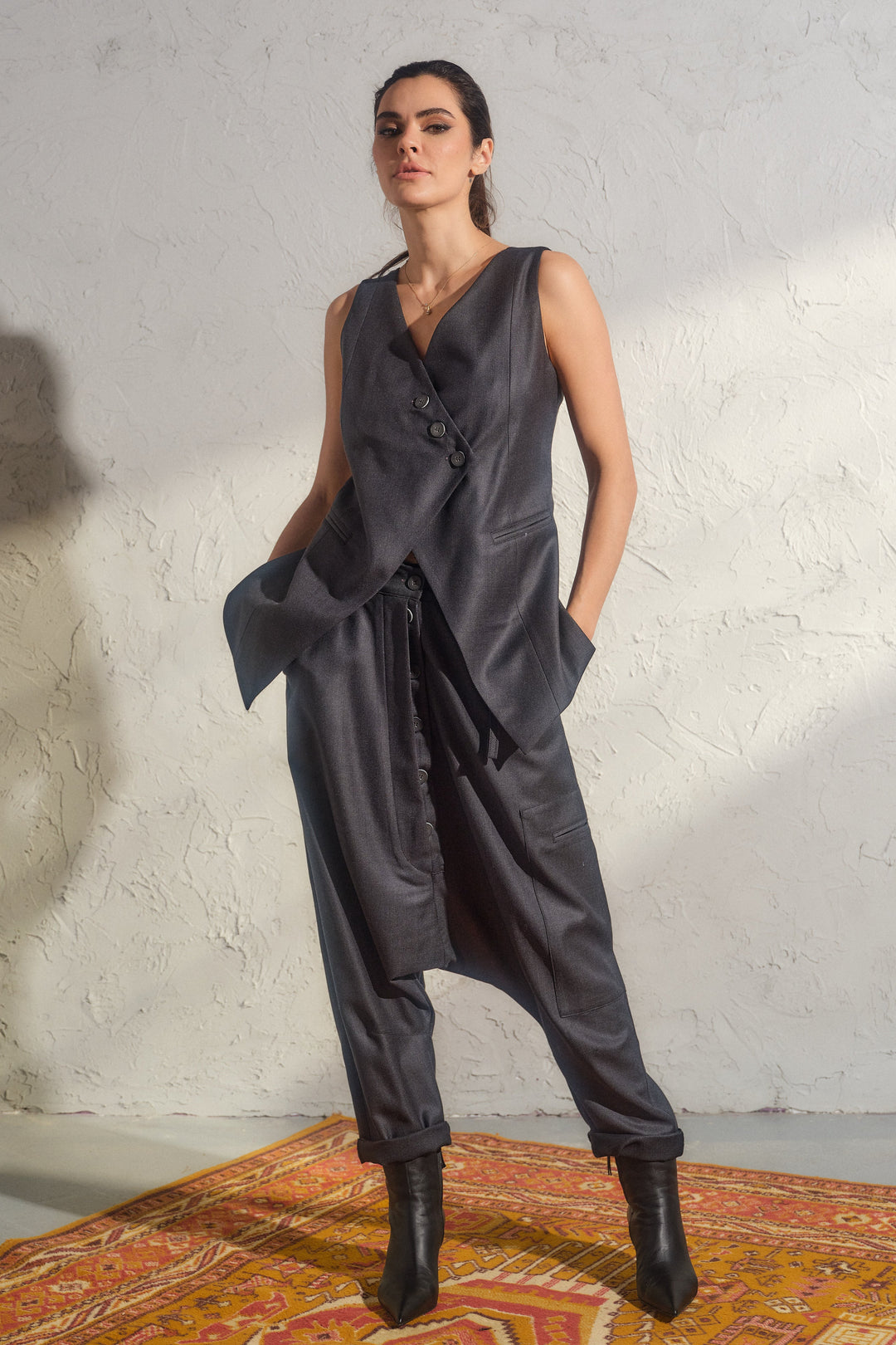 Avant garde merino wool drop crotch pants
