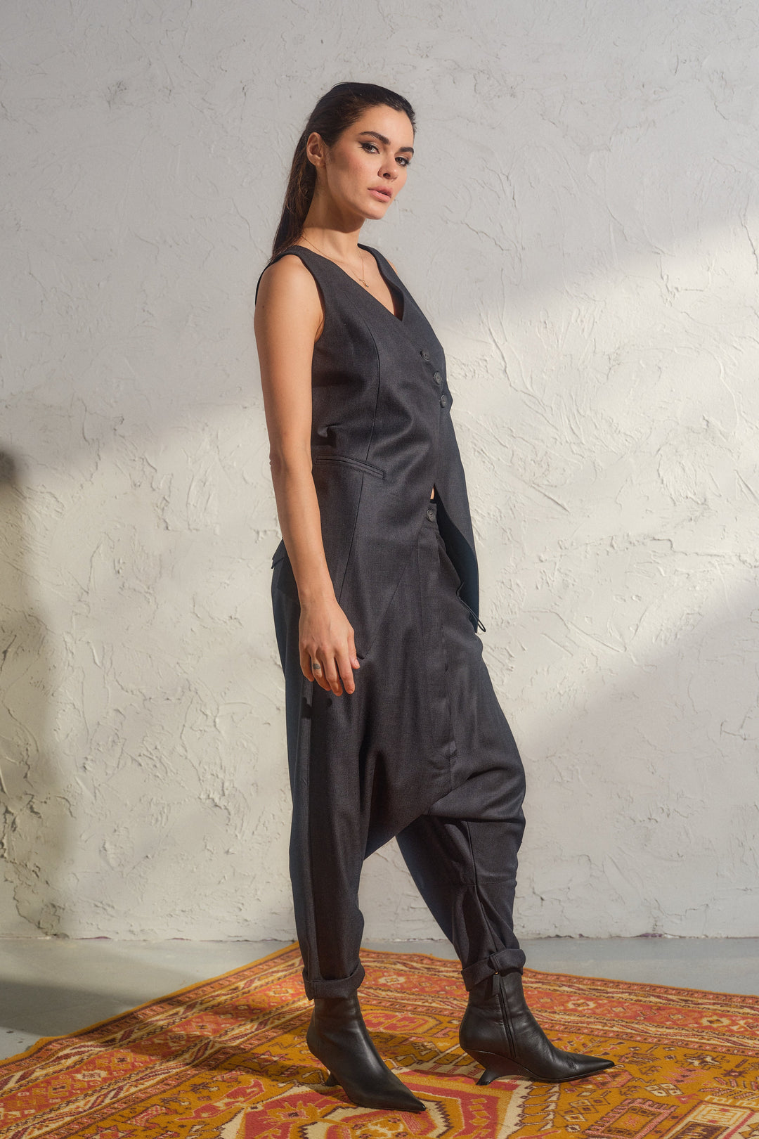 Merino wool baggy pants with asymmetrical details