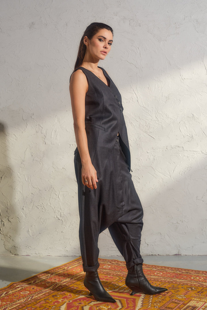 Merino wool baggy pants with asymmetrical details