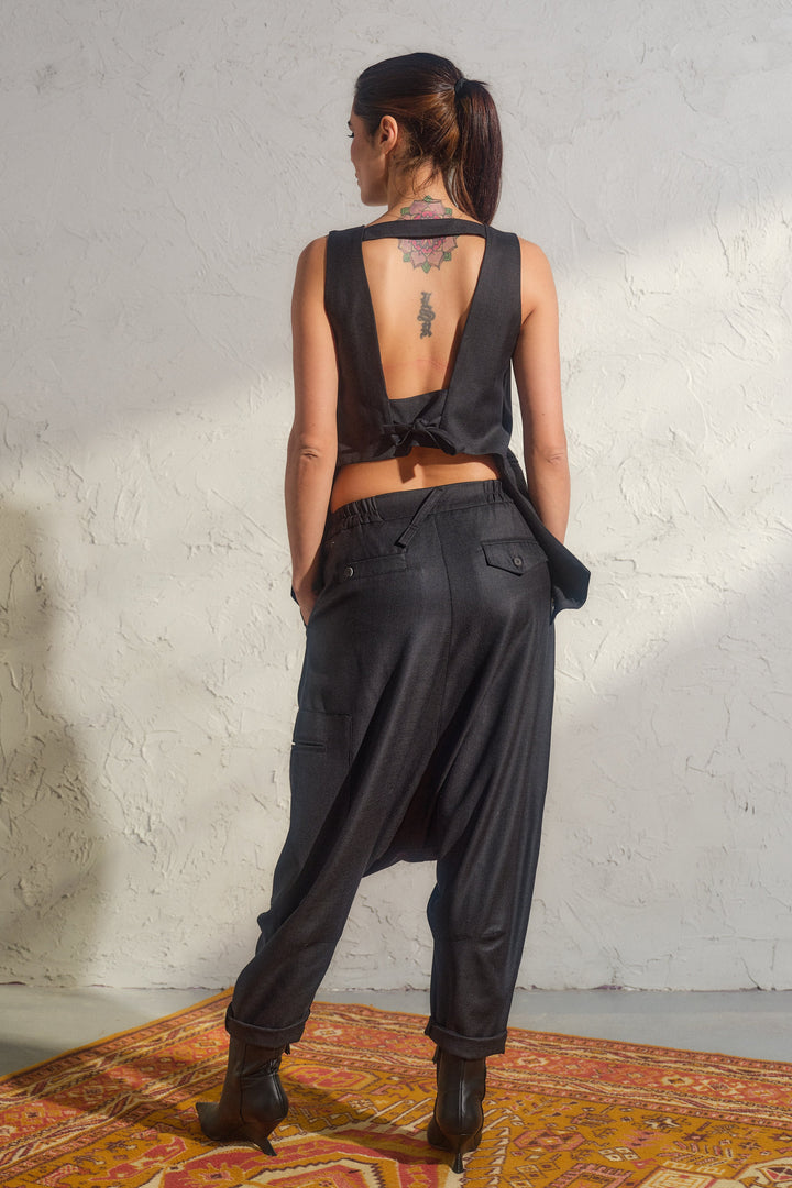 Merino wool baggy pants with asymmetrical details
