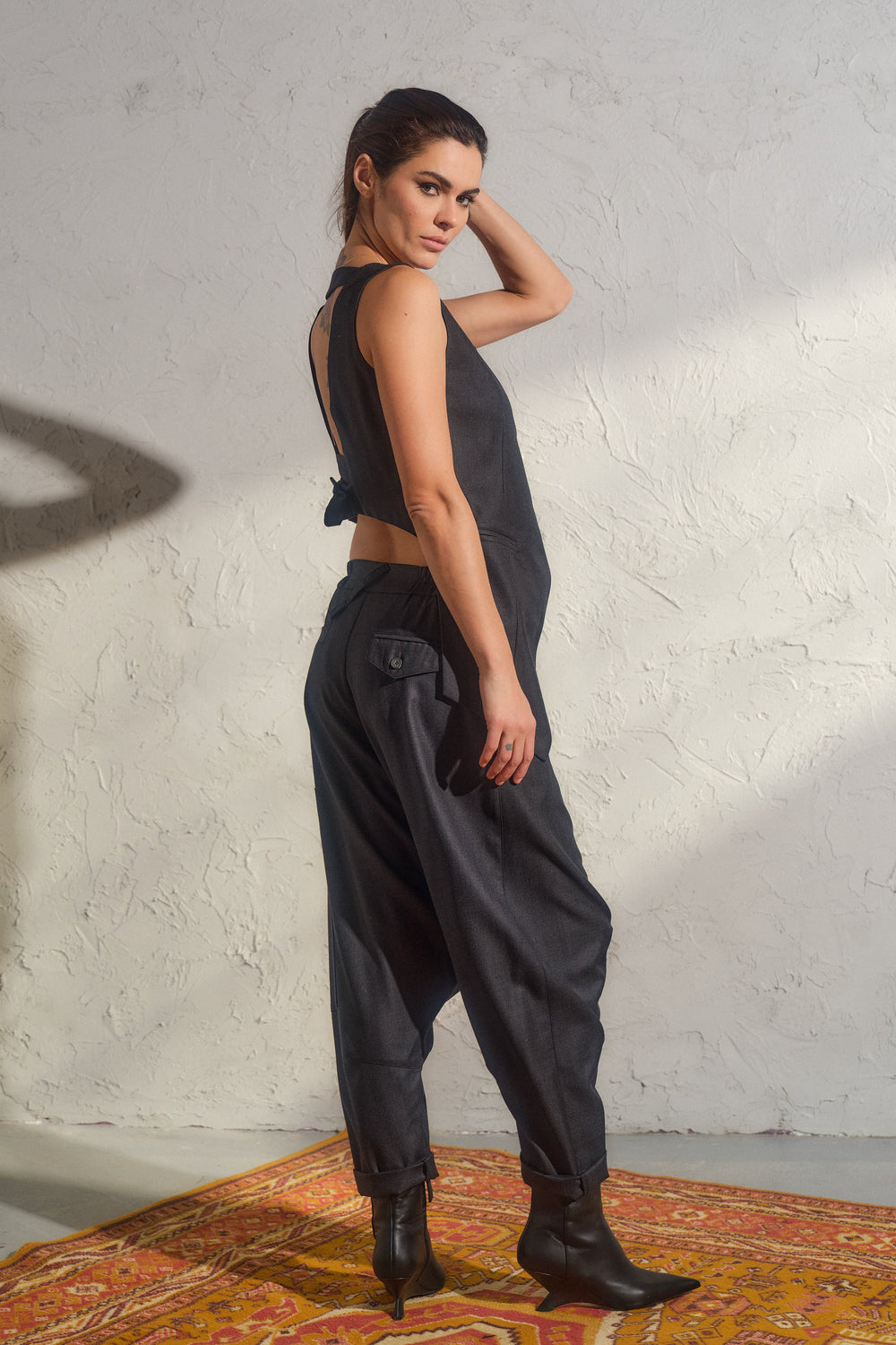 Merino wool baggy pants with asymmetrical details