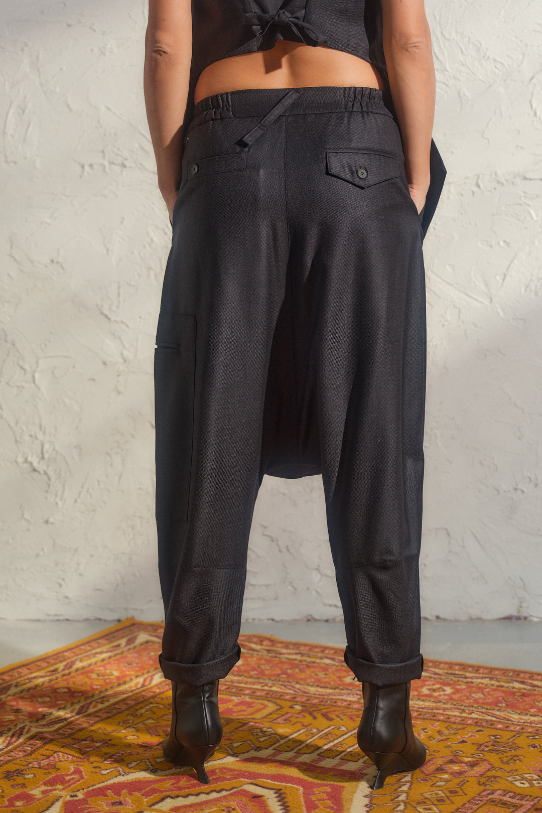 Avant garde merino wool drop crotch pants