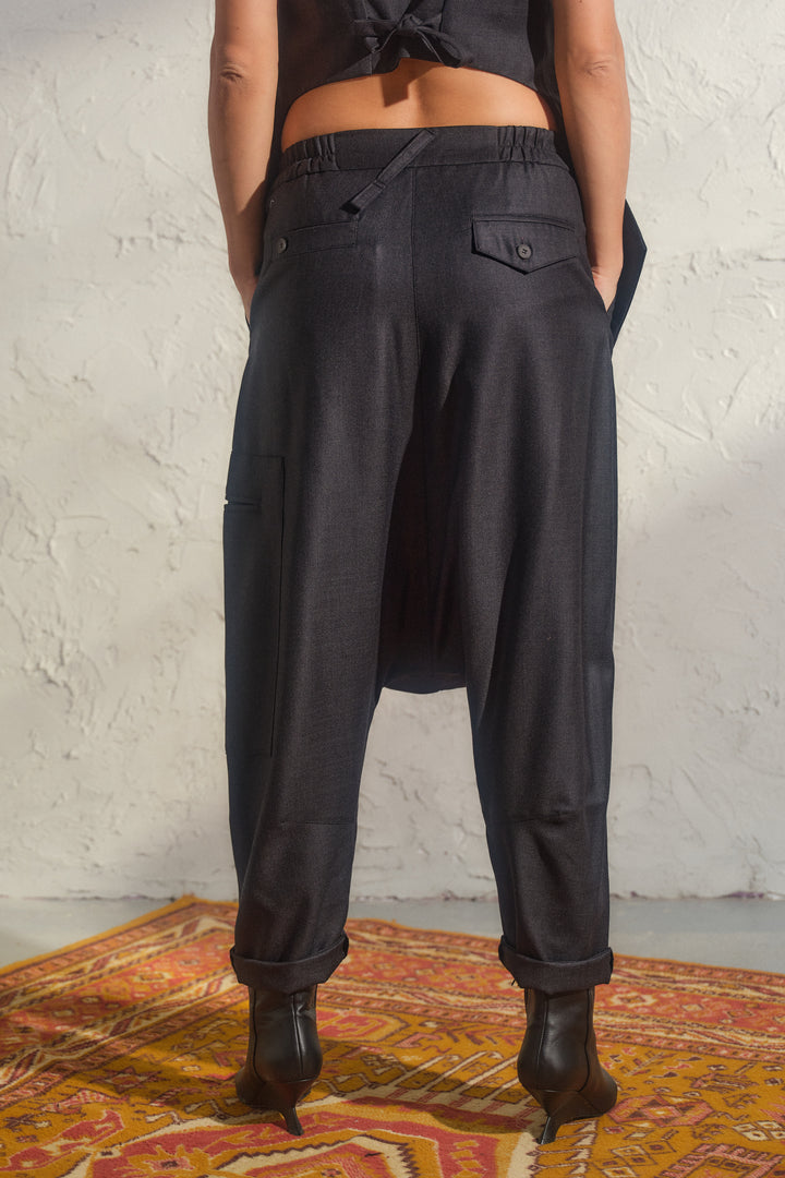 Merino wool baggy pants with asymmetrical details