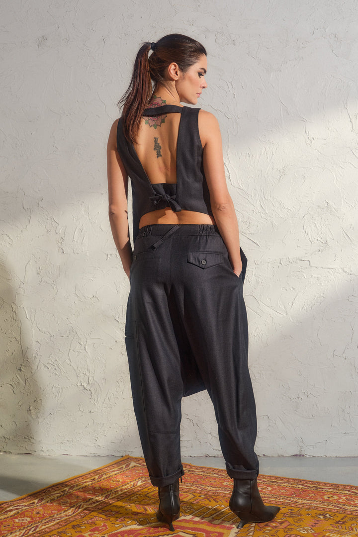 Merino wool baggy pants with asymmetrical details