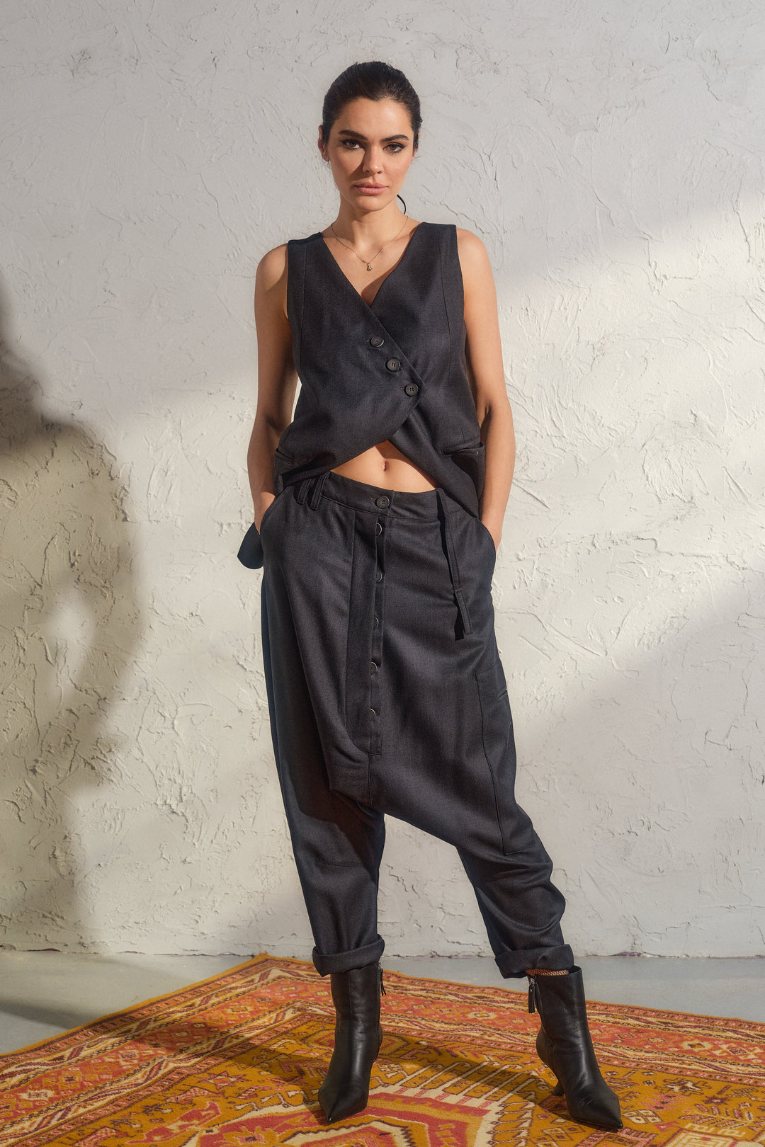 Avant garde merino wool drop crotch pants