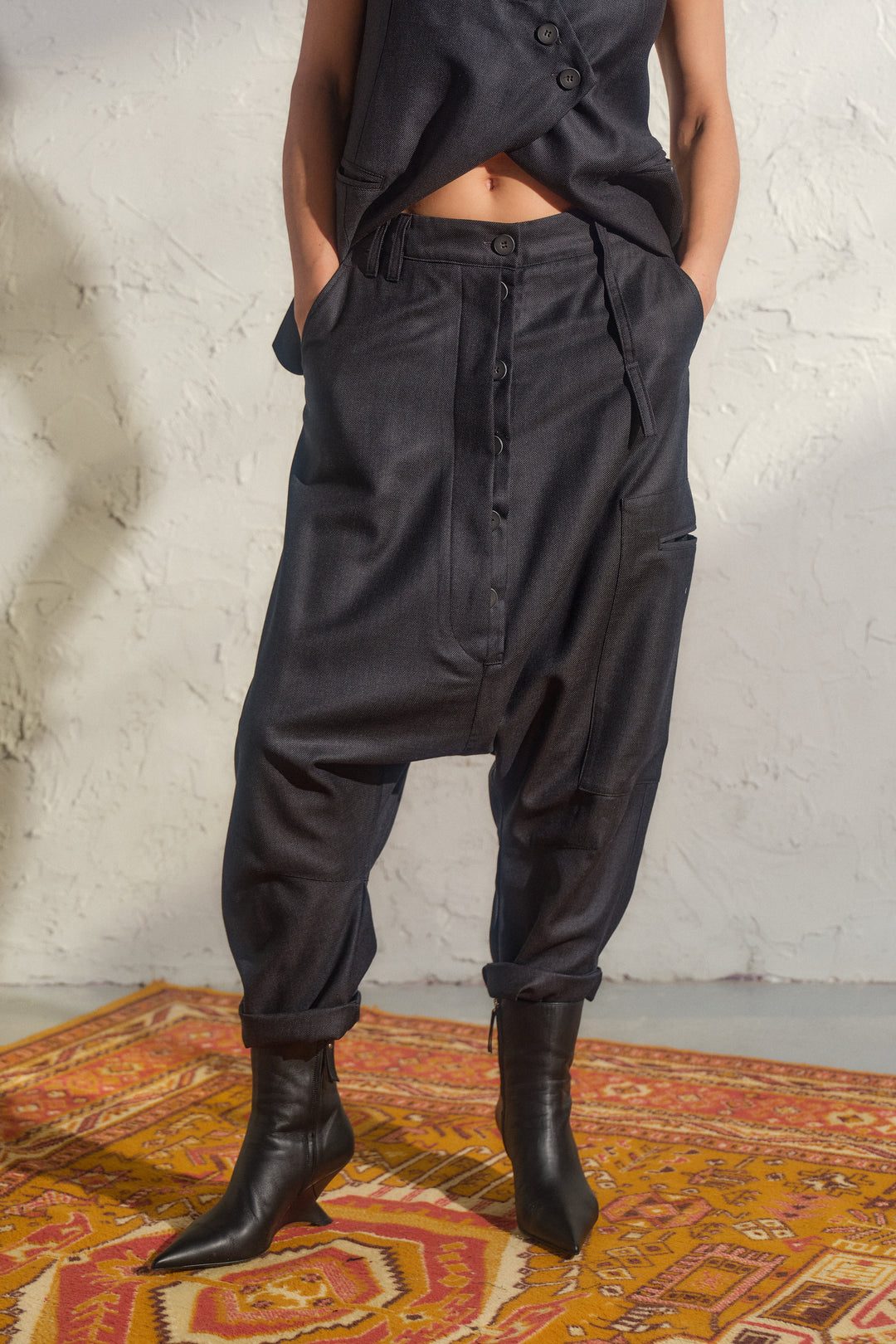Avant garde merino wool drop crotch pants