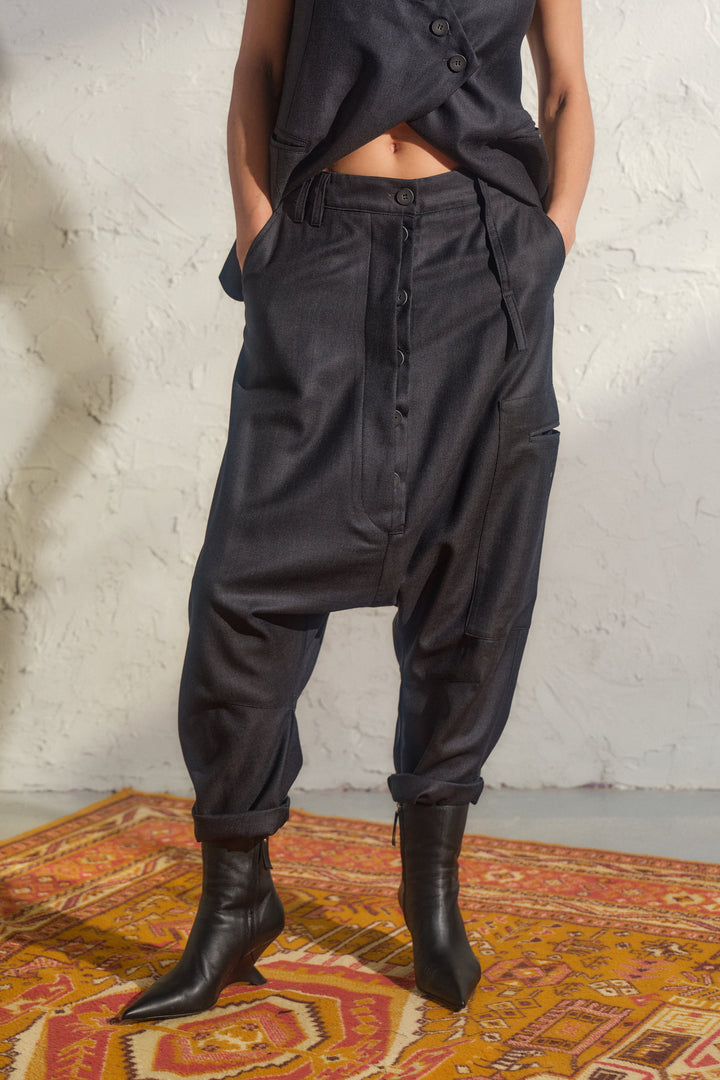 Avant garde merino wool drop crotch pants