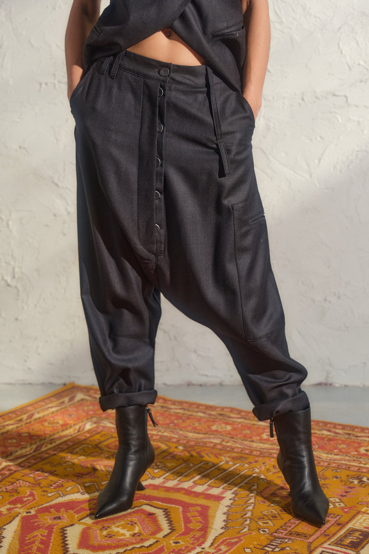 Avant garde merino wool drop crotch pants