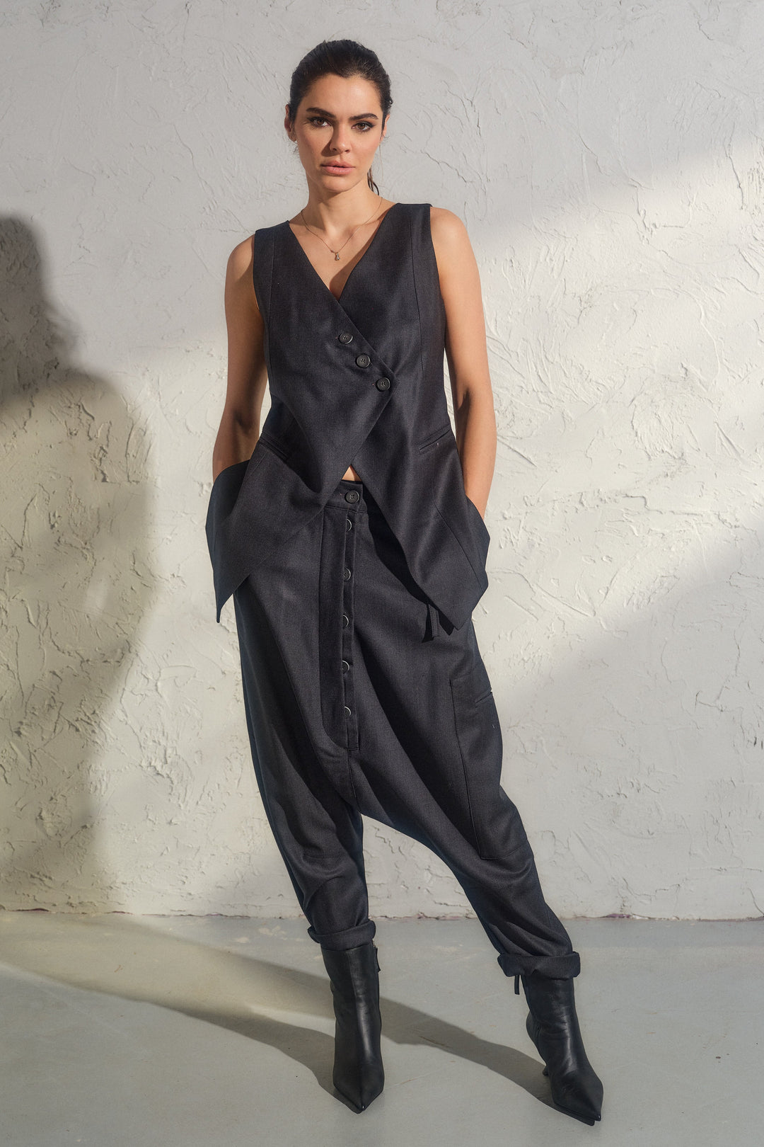 Avant garde merino wool drop crotch pants