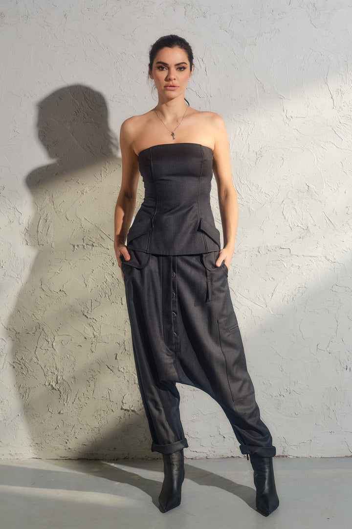 Avant garde merino wool drop crotch pants