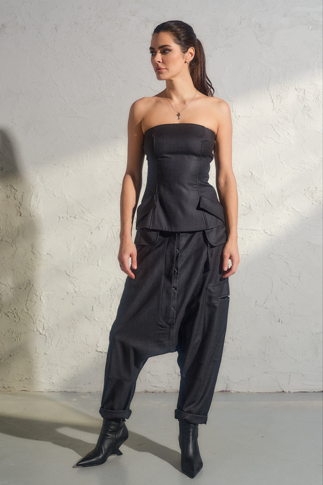 Avant garde merino wool drop crotch pants