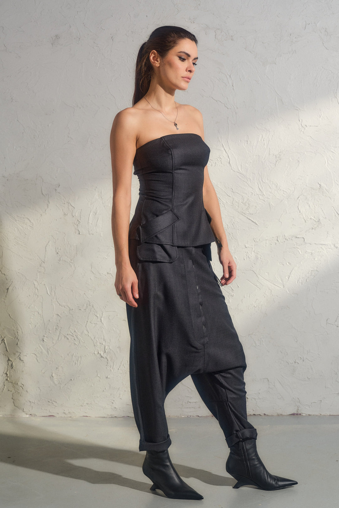 Avant garde merino wool drop crotch pants