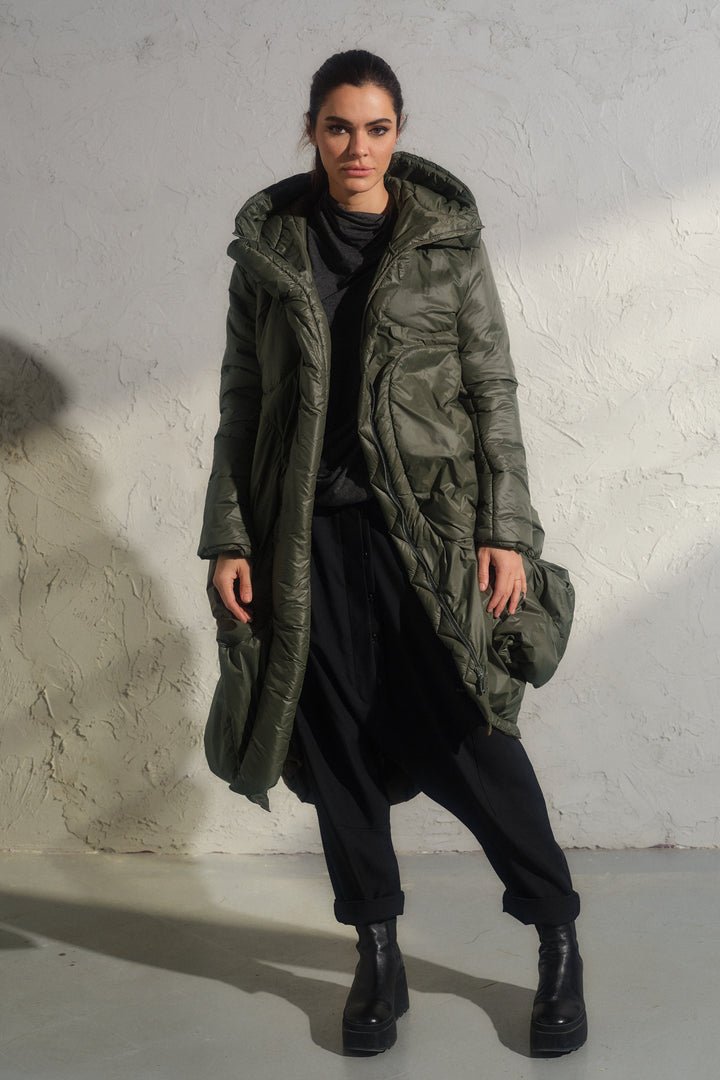 Avant garde transitional puffer jacket with hood