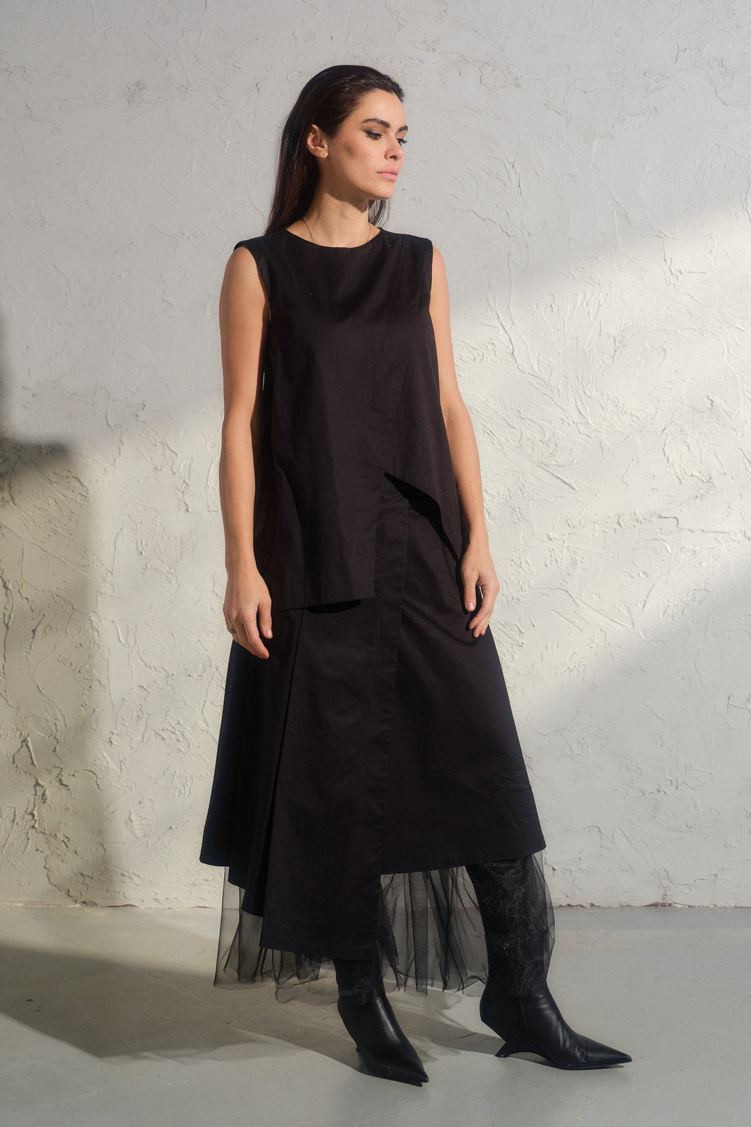 Avant garde cotton wrap skirt with tulle petticoat