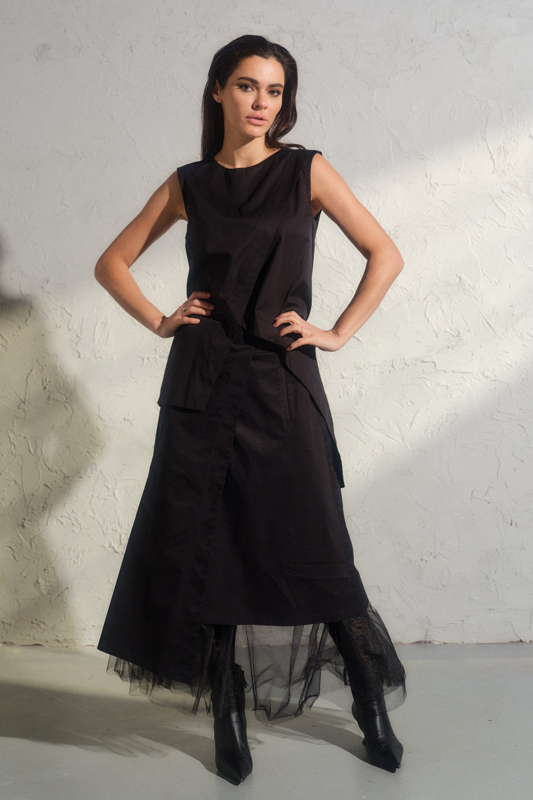 Avant garde cotton wrap skirt with tulle petticoat