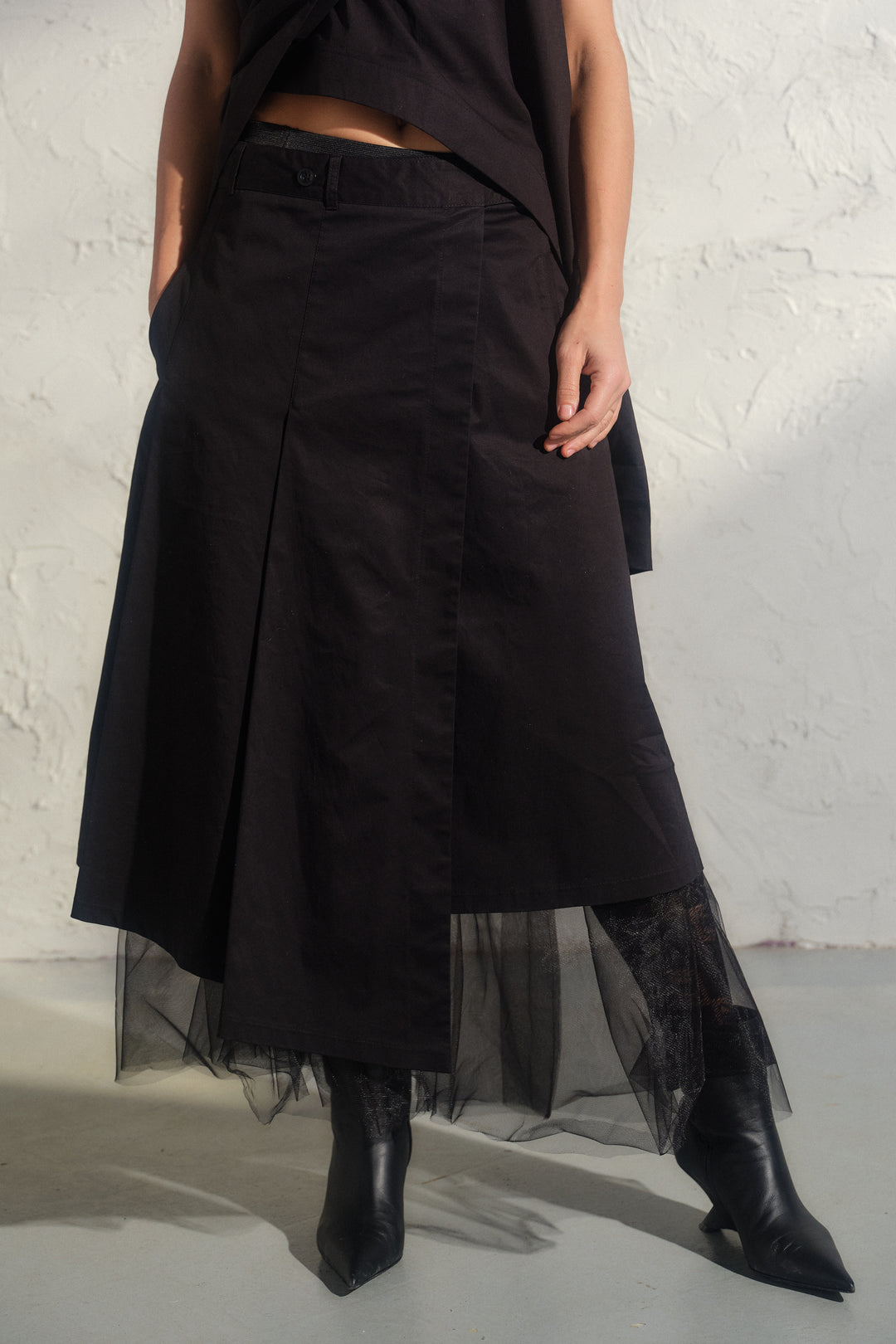 Avant garde cotton wrap skirt with tulle petticoat