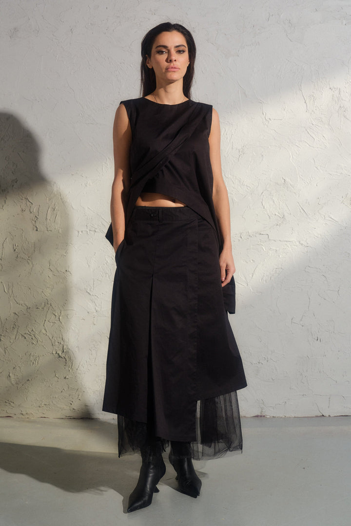 Avant garde cotton wrap skirt with tulle petticoat