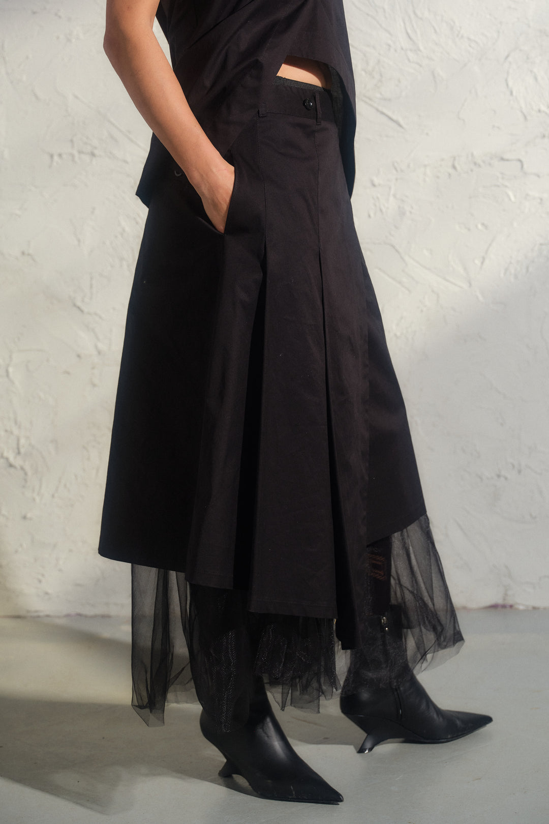 Avant garde cotton wrap skirt with tulle petticoat