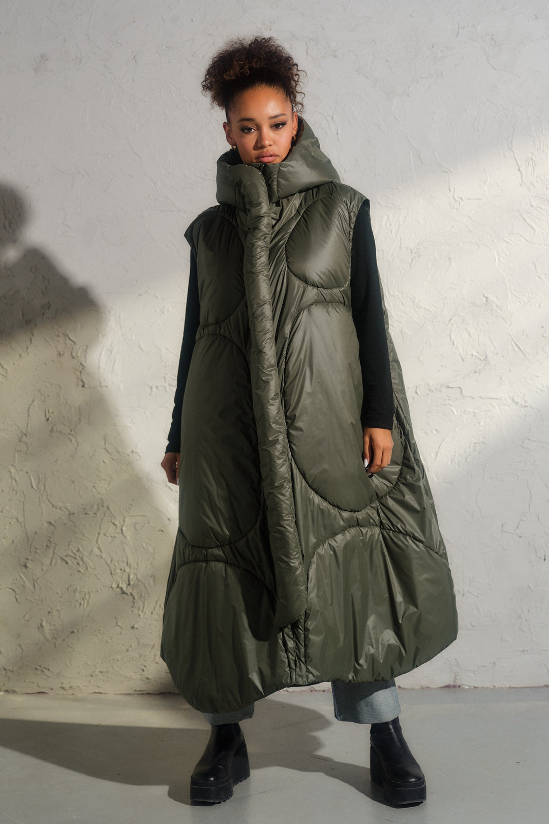 Oversized khaki green autumn/winter maxi puffer vest