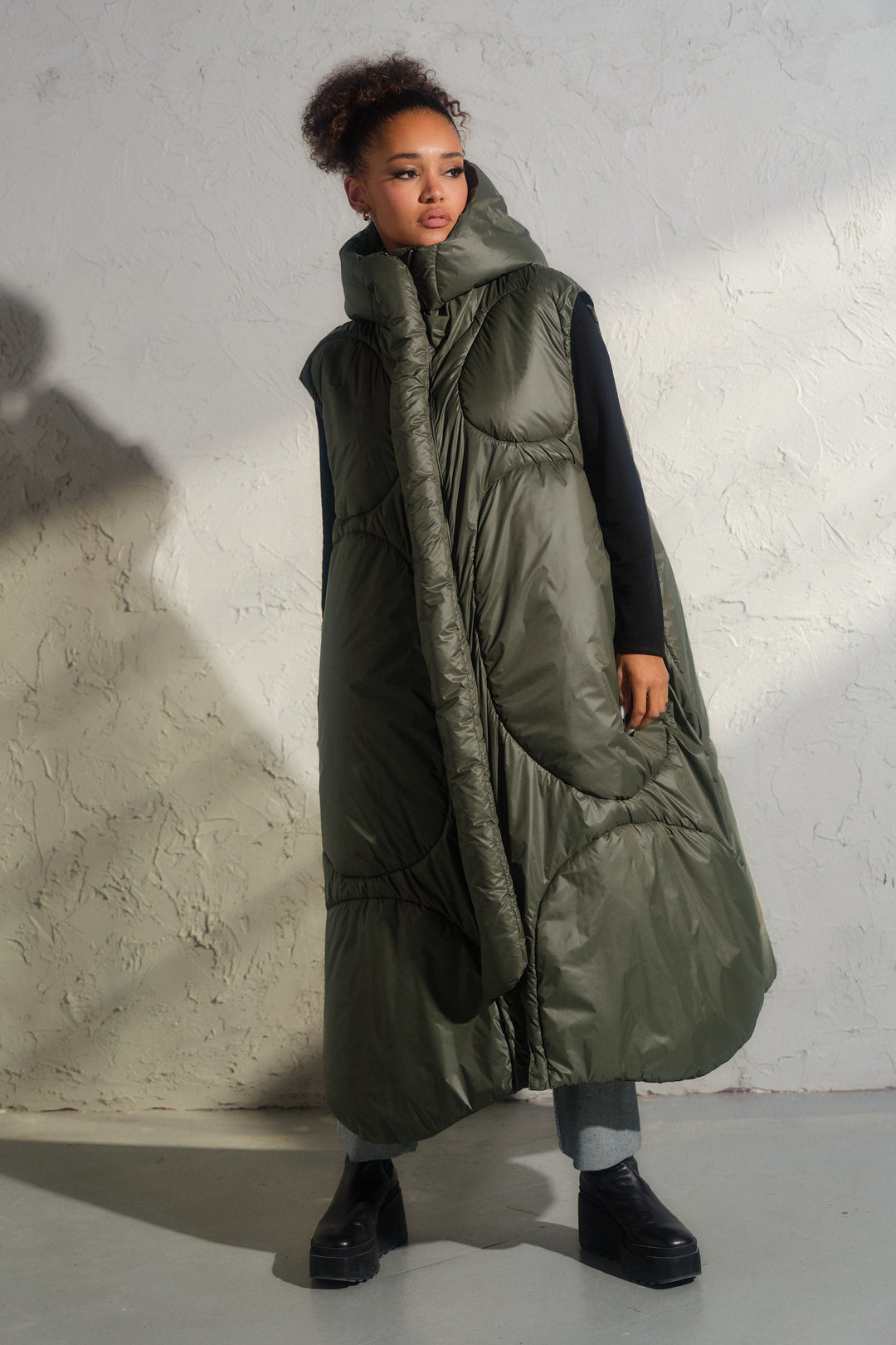 Oversized khaki green autumn/winter maxi puffer vest