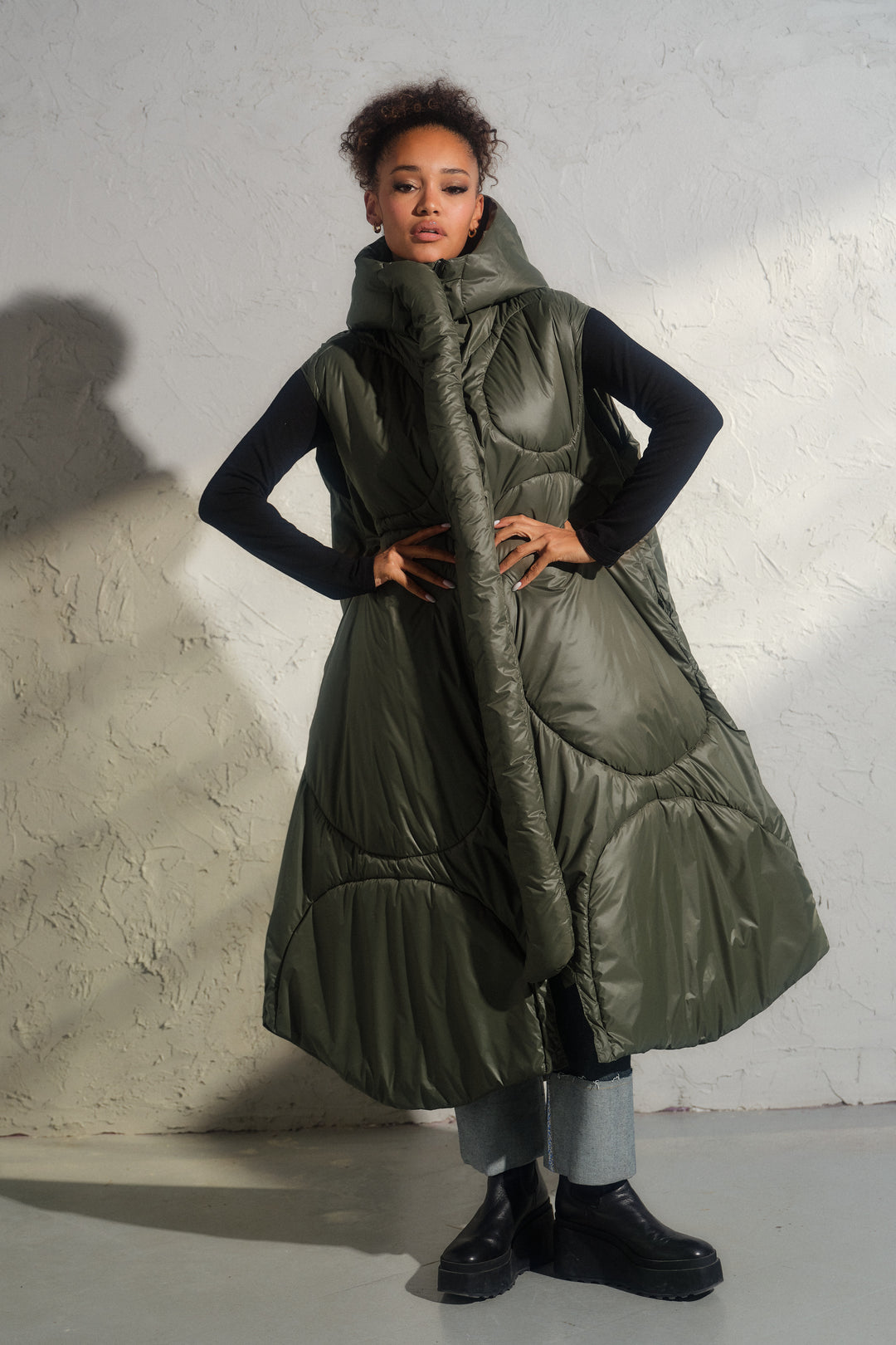 Oversized khaki green autumn/winter maxi puffer vest