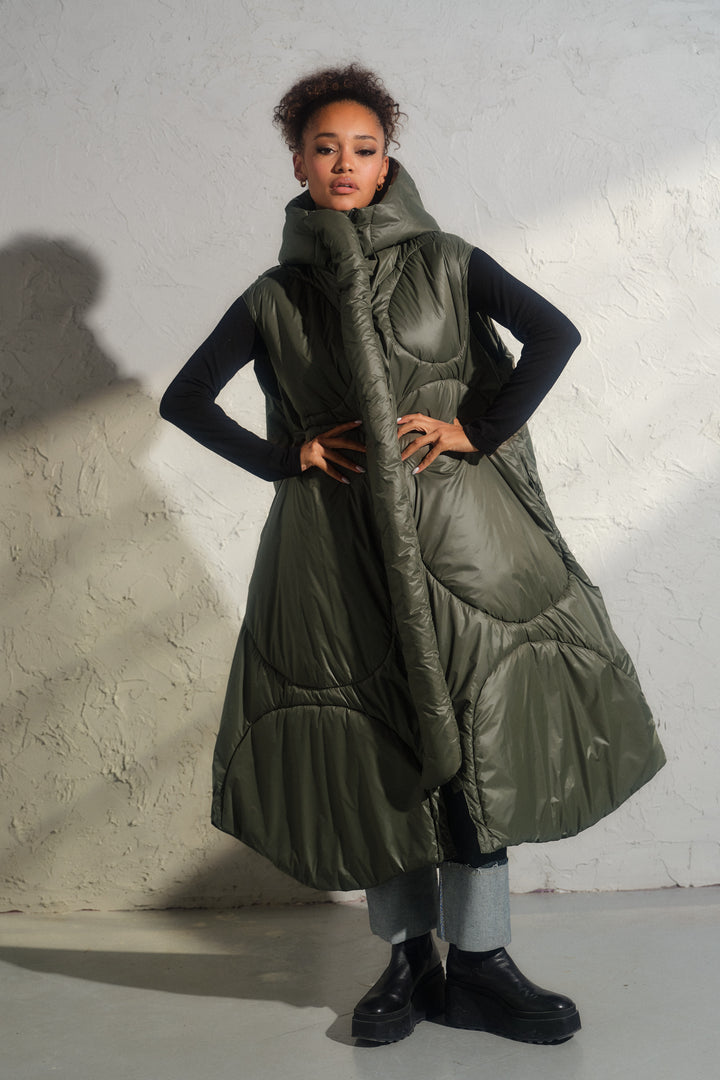 Oversized khaki green autumn/winter maxi puffer vest