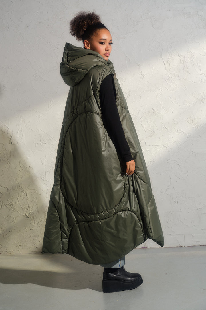 Oversized khaki green autumn/winter maxi puffer vest